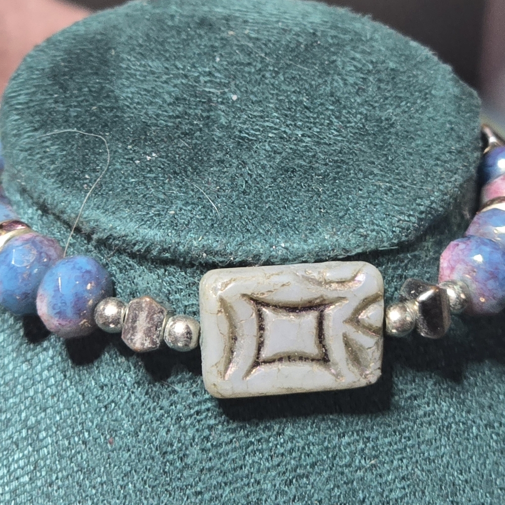 Boho Blue & Pink Beaded Bracelet with Carved Ceramic Focal